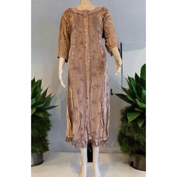 VTG Embroidered Maxi Dress  Free Size Button Front Rayon Tie Fringe Boho Cottage - Picture 1 of 13